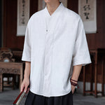 Buddha Stones Spring Summer Tang Style Minimalist Pankou Solid Men's Elbow-Length Shirts