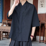 Buddha Stones Spring Summer Tang Style Minimalist Pankou Solid Men's Elbow-Length Shirts