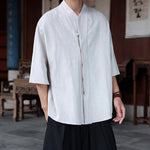 Buddha Stones Spring Summer Tang Style Minimalist Pankou Solid Men's Elbow-Length Shirts