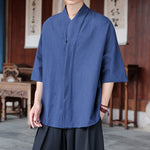 Buddha Stones Spring Summer Tang Style Minimalist Pankou Solid Men's Elbow-Length Shirts