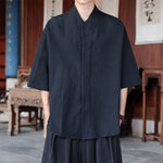 Buddha Stones Spring Summer Tang Style Minimalist Pankou Solid Men's Elbow-Length Shirts