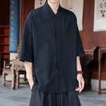 Buddha Stones Spring Summer Tang Style Minimalist Pankou Solid Men's Elbow-Length Shirts
