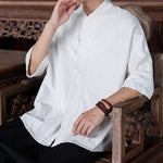 Buddha Stones Spring Summer Tang Style Minimalist Pankou Solid Men's Elbow-Length Shirts