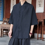 Buddha Stones Spring Summer Tang Style Minimalist Pankou Solid Men's Elbow-Length Shirts