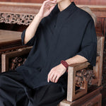 Buddha Stones Spring Summer Tang Style Minimalist Pankou Solid Men's Elbow-Length Shirts