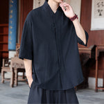 Buddha Stones Spring Summer Tang Style Minimalist Pankou Solid Men's Elbow-Length Shirts