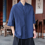 Buddha Stones Spring Summer Tang Style Minimalist Pankou Solid Men's Elbow-Length Shirts