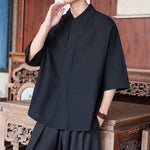 Buddha Stones Spring Summer Tang Style Minimalist Pankou Solid Men's Elbow-Length Shirts