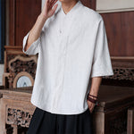 Buddha Stones Spring Summer Tang Style Minimalist Pankou Solid Men's Elbow-Length Shirts