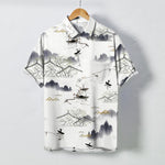 Buddha Stones Ink Landscape Mountain Boat Pattern Buttons Breathable Men's Short Sleeve Shirt