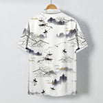 Buddha Stones Ink Landscape Mountain Boat Pattern Buttons Breathable Men's Short Sleeve Shirt