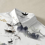 Buddha Stones Ink Landscape Mountain Boat Pattern Buttons Breathable Men's Short Sleeve Shirt