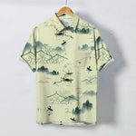 Buddha Stones Ink Landscape Mountain Boat Pattern Buttons Breathable Men's Short Sleeve Shirt