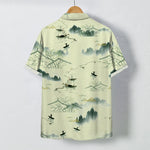 Buddha Stones Ink Landscape Mountain Boat Pattern Buttons Breathable Men's Short Sleeve Shirt