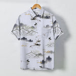 Buddha Stones Ink Landscape Mountain Boat Pattern Buttons Breathable Men's Short Sleeve Shirt