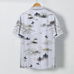 Buddha Stones Ink Landscape Mountain Boat Pattern Buttons Breathable Men's Short Sleeve Shirt