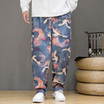 Buddha Stones Spring Summer Casual Drawstring Crane Print Ankle Pants Men's Harem Pants With Pockets