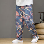 Buddha Stones Spring Summer Casual Drawstring Crane Print Ankle Pants Men's Harem Pants With Pockets