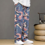 Buddha Stones Spring Summer Casual Drawstring Crane Print Ankle Pants Men's Harem Pants With Pockets