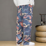 Buddha Stones Spring Summer Casual Drawstring Crane Print Ankle Pants Men's Harem Pants With Pockets