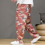 Buddha Stones Spring Summer Casual Drawstring Crane Print Ankle Pants Men's Harem Pants With Pockets