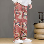 Buddha Stones Spring Summer Casual Drawstring Crane Print Ankle Pants Men's Harem Pants With Pockets