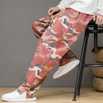 Buddha Stones Spring Summer Casual Drawstring Crane Print Ankle Pants Men's Harem Pants With Pockets