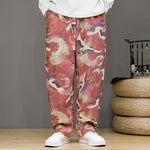 Buddha Stones Spring Summer Casual Drawstring Crane Print Ankle Pants Men's Harem Pants With Pockets