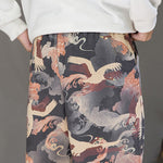 Buddha Stones Spring Summer Casual Drawstring Crane Print Ankle Pants Men's Harem Pants With Pockets