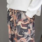 Buddha Stones Spring Summer Casual Drawstring Crane Print Ankle Pants Men's Harem Pants With Pockets