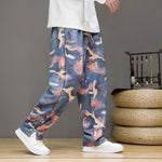 Buddha Stones Spring Summer Casual Drawstring Crane Print Ankle Pants Men's Harem Pants With Pockets