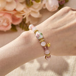 Buddha Stones Natural Strawberry Quartz Rose Quartz Ceramic Barrel Bead Lotus Pendant Clarity Round Bead Bracelet