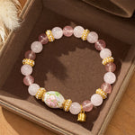 Buddha Stones Natural Strawberry Quartz Rose Quartz Ceramic Barrel Bead Lotus Pendant Clarity Round Bead Bracelet