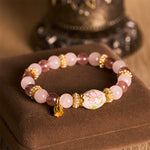 Buddha Stones Natural Strawberry Quartz Rose Quartz Ceramic Barrel Bead Lotus Pendant Clarity Round Bead Bracelet