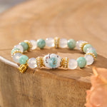 Buddha Stones White Agate Amazonite Ceramic Barrel Bead Flower Pendant Purity Round Bead Bracelet