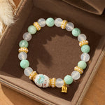 Buddha Stones White Agate Amazonite Ceramic Barrel Bead Flower Pendant Purity Round Bead Bracelet