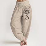 Buddha Stones Pure Cotton White Lotus Line Art Pattern Women's Elastic Waist Harem Pants