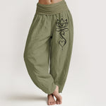 Buddha Stones Pure Cotton White Lotus Line Art Pattern Women's Elastic Waist Harem Pants