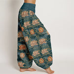 Buddha Stones Pure Cotton Lotus Bloom Pattern Women's Elastic Waist Harem Pants