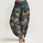 Buddha Stones Pure Cotton Lotus Bloom Pattern Women's Elastic Waist Harem Pants