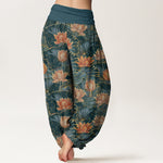 Buddha Stones Pure Cotton Lotus Bloom Pattern Women's Elastic Waist Harem Pants