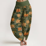 Buddha Stones Pure Cotton Lotus Bloom Pattern Women's Elastic Waist Harem Pants