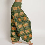Buddha Stones Pure Cotton Lotus Bloom Pattern Women's Elastic Waist Harem Pants