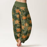 Buddha Stones Pure Cotton Lotus Bloom Pattern Women's Elastic Waist Harem Pants