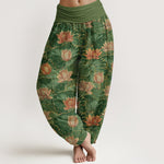 Buddha Stones Pure Cotton Lotus Bloom Pattern Women's Elastic Waist Harem Pants