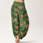 Buddha Stones Pure Cotton Lotus Bloom Pattern Women's Elastic Waist Harem Pants