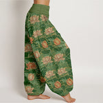 Buddha Stones Pure Cotton Lotus Bloom Pattern Women's Elastic Waist Harem Pants