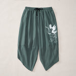 Buddha Stones Summer Casual Vintage Drawstring Crane Print Capri Pants Men's Harem Pants With Pocket
