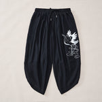 Buddha Stones Summer Casual Vintage Drawstring Crane Print Capri Pants Men's Harem Pants With Pocket