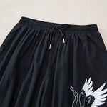 Buddha Stones Summer Casual Vintage Drawstring Crane Print Capri Pants Men's Harem Pants With Pocket